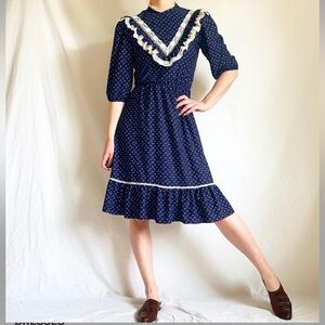 Vintage 1970s Navy & White Floral Knee Length Prairie Dress